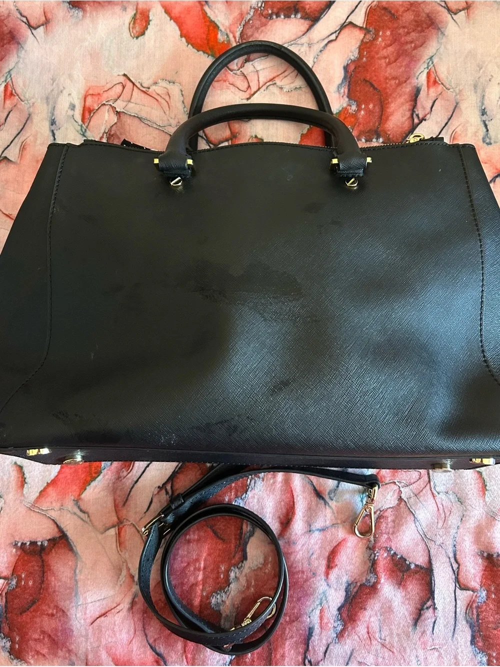 Michael Kors Black Saffiano Satchel with Gold MK Charm